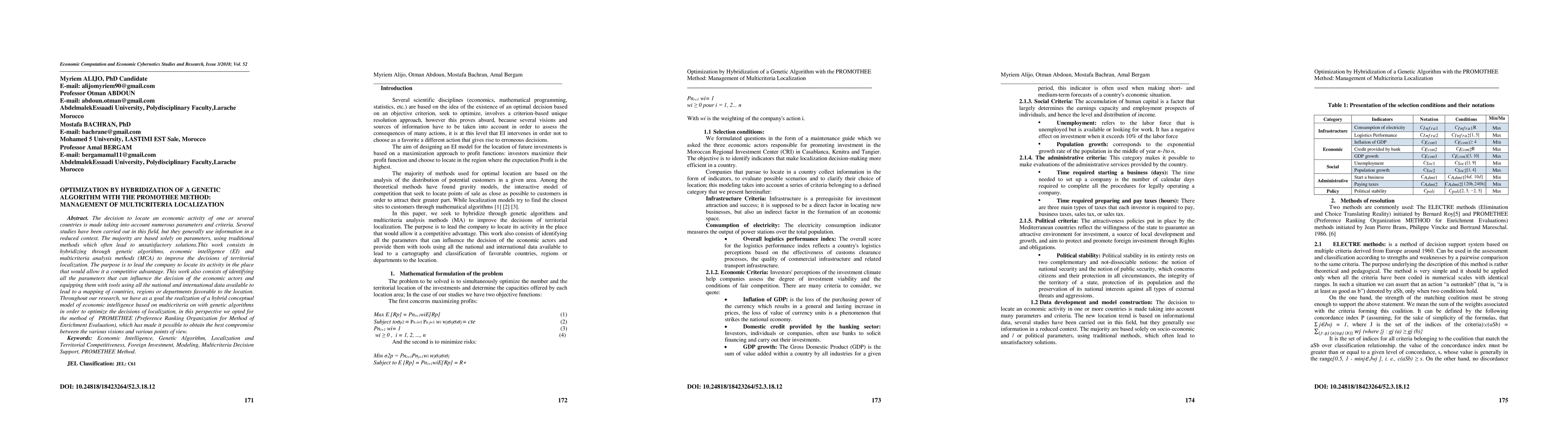 Thumbnail for Optimization by Hybridization of a Genetic Algorithm with the PROMOTHEE
  Method: Management of Multicriteria Localization