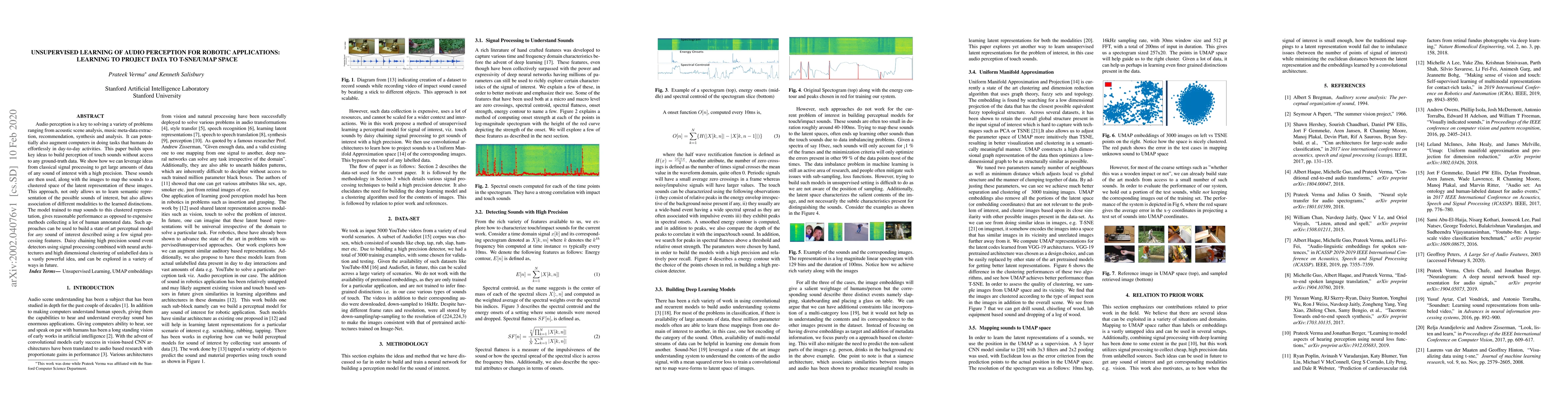 Thumbnail for Unsupervised Learning of Audio Perception for Robotics Applications:
  Learning to Project Data to T-SNE/UMAP space