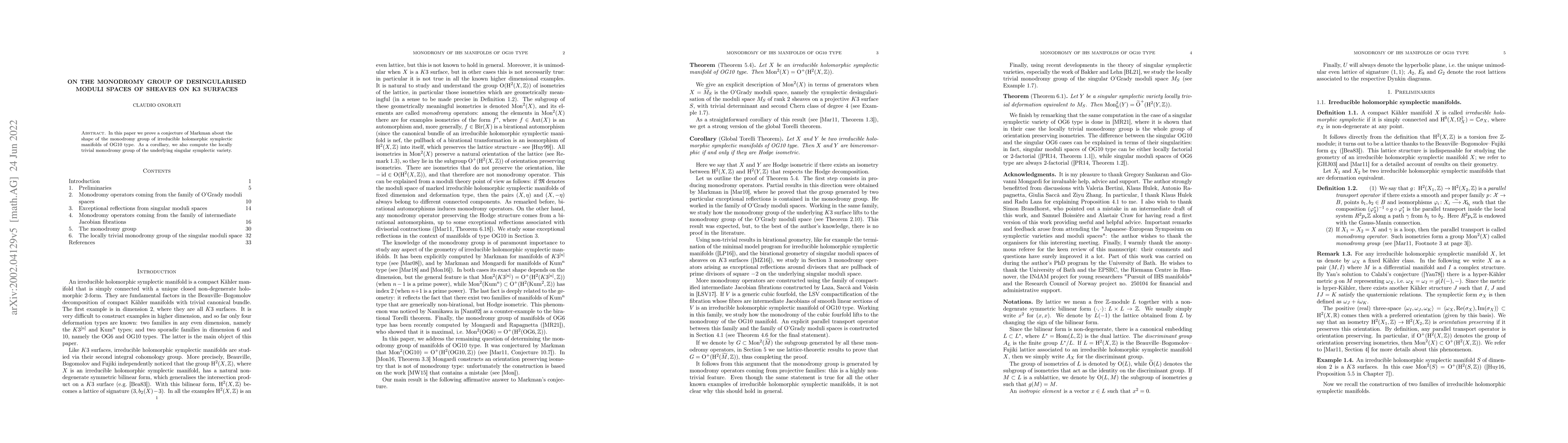 Thumbnail for On the monodromy group of desingularised moduli spaces of sheaves on K3
  surfaces
