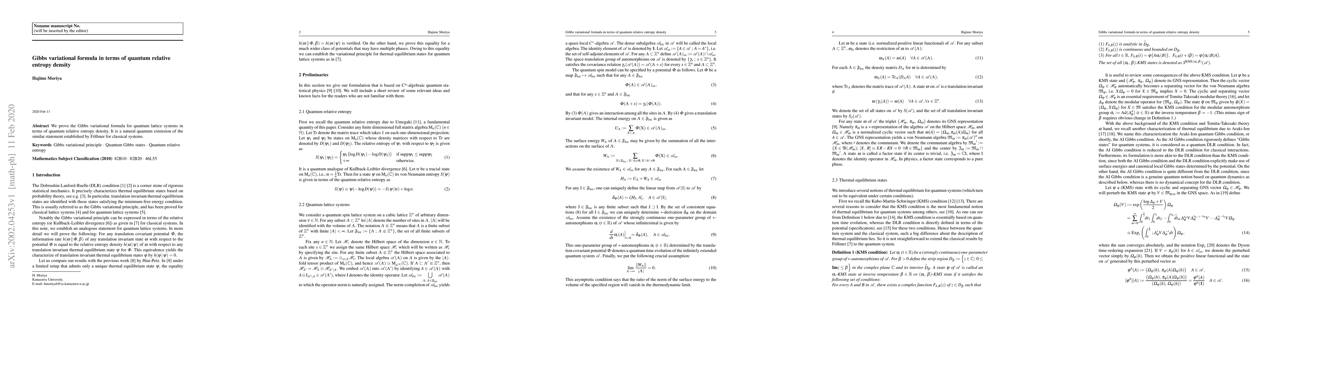 Thumbnail for Gibbs variational formula for thermal equilibrium states in terms of
  quantum relative entropy density