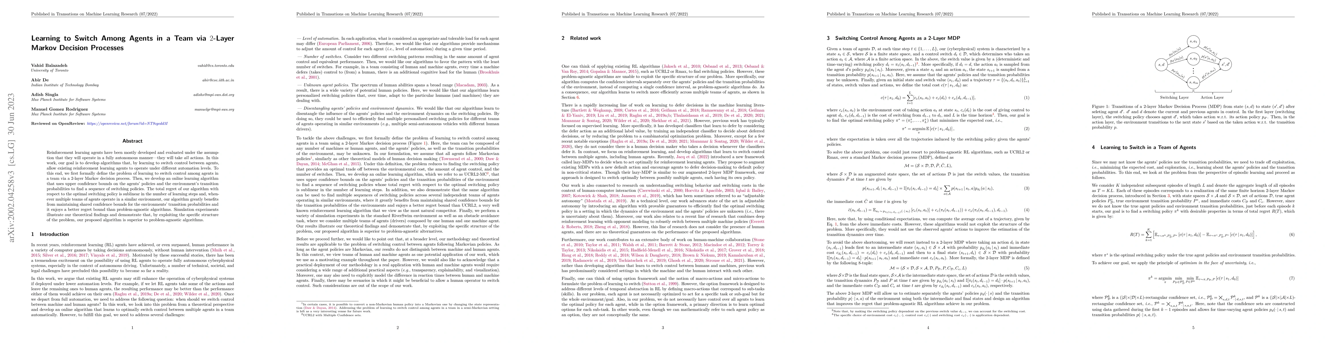 Thumbnail for Learning to Switch Among Agents in a Team via 2-Layer Markov Decision
  Processes