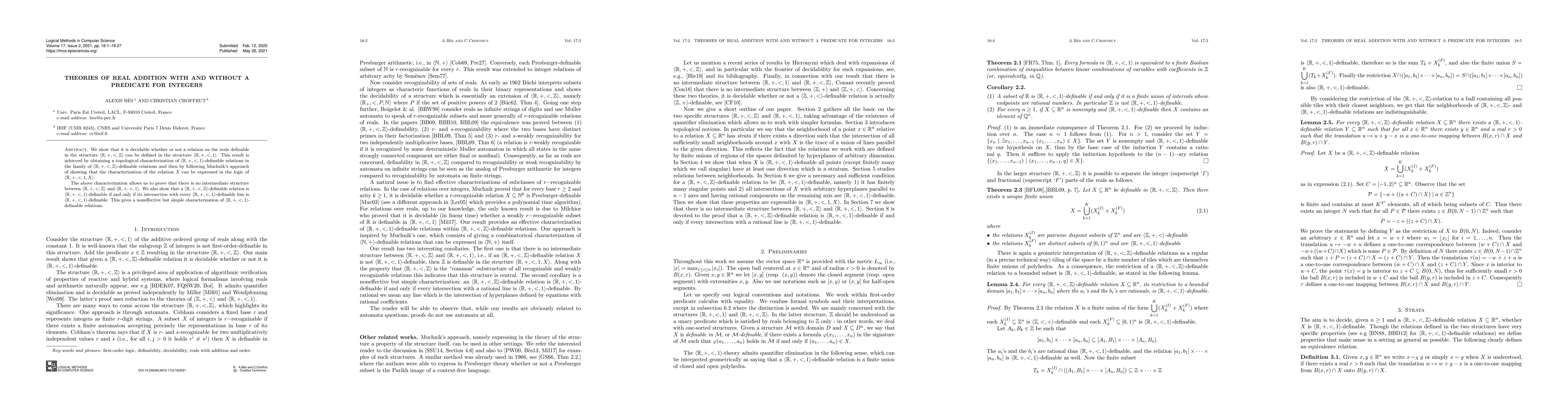 Thumbnail for Theories of real addition with and without a predicate for integers