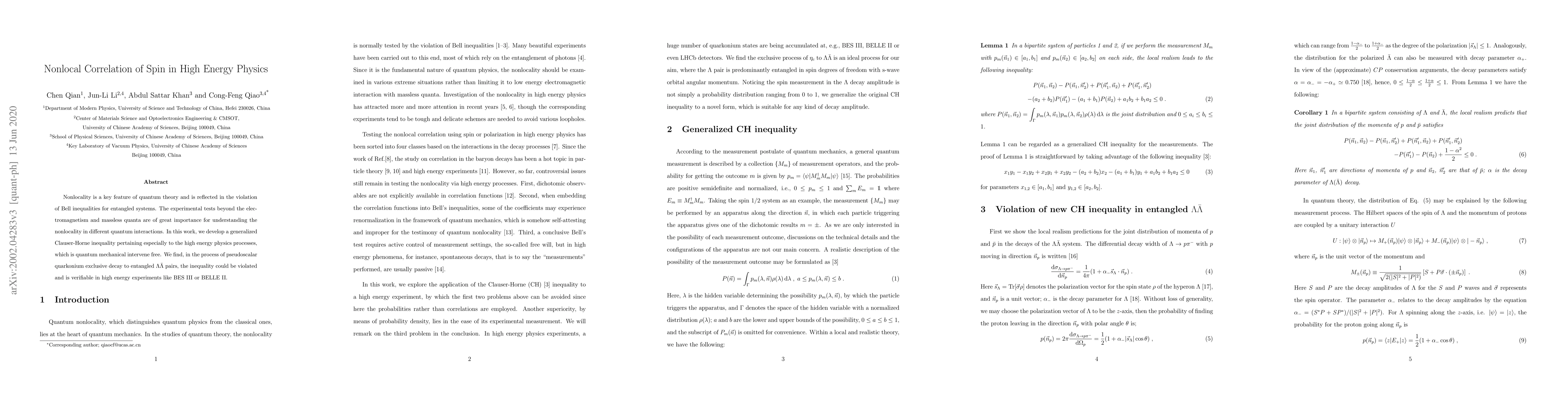Thumbnail for Nonlocal Correlation of Spin in High Energy Physics