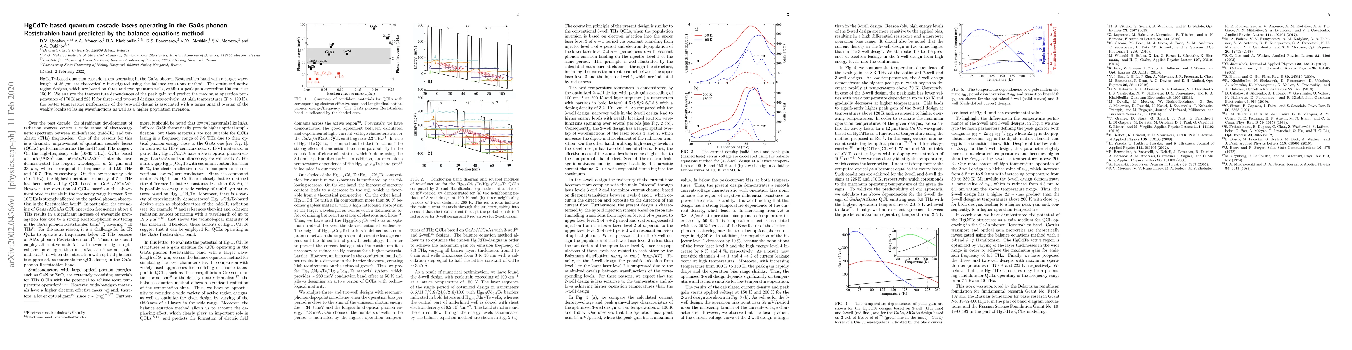 Thumbnail for HgCdTe-based quantum cascade lasers operating in the GaAs phonon
  Reststrahlen band predicted by the balance equations method