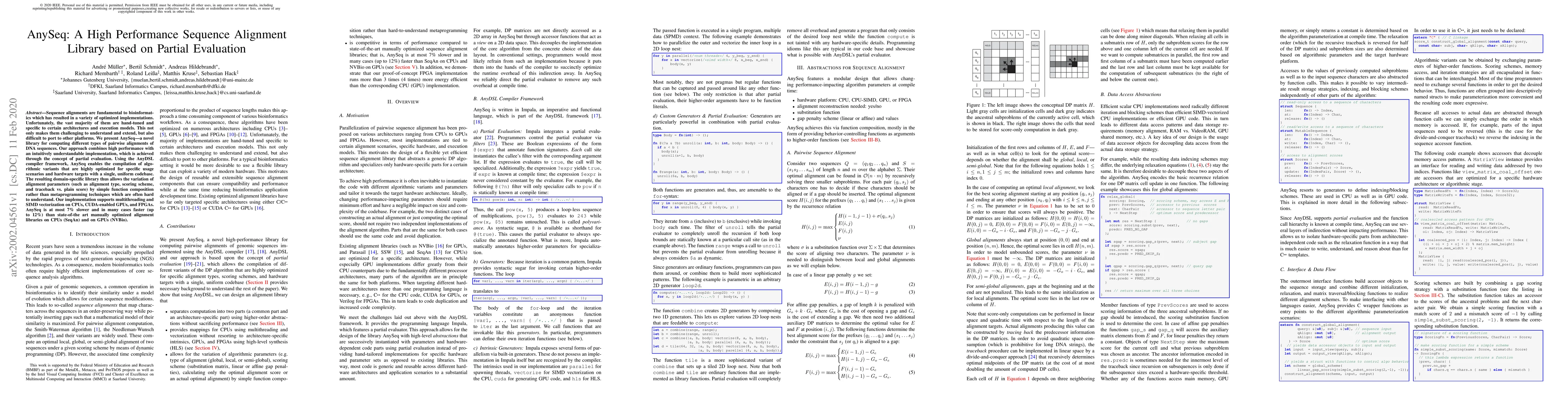 Thumbnail for AnySeq: A High Performance Sequence Alignment Library based on Partial
  Evaluation
