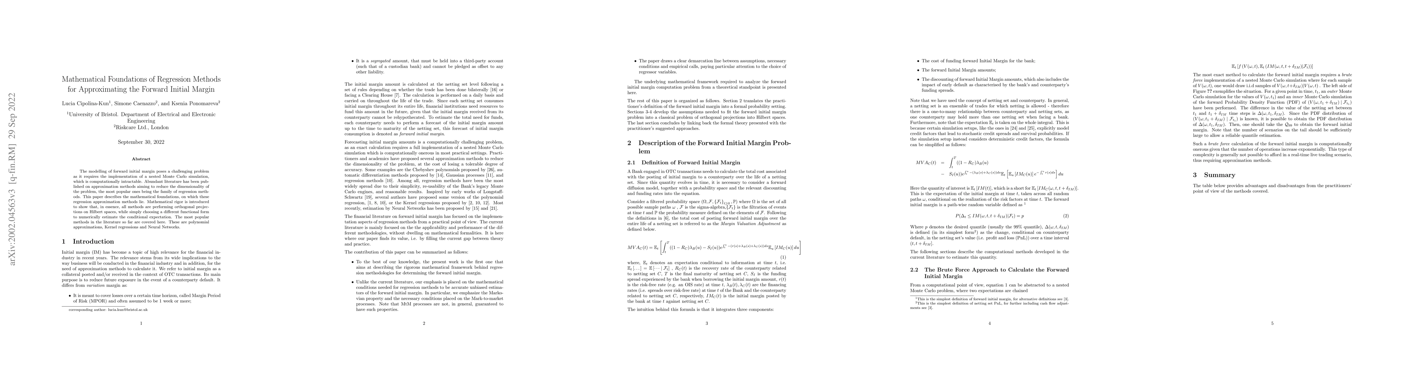 Thumbnail for Mathematical Foundations of Regression Methods for the approximation of
  the Forward Initial Margin