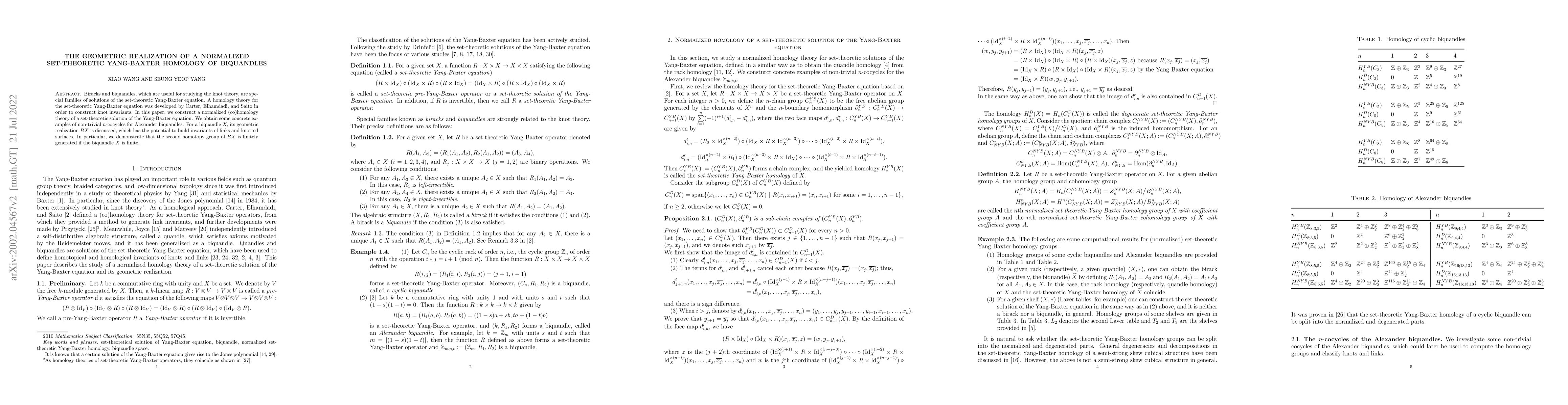 Thumbnail for The geometric realization of a normalized set-theoretic Yang-Baxter
  homology of biquandles