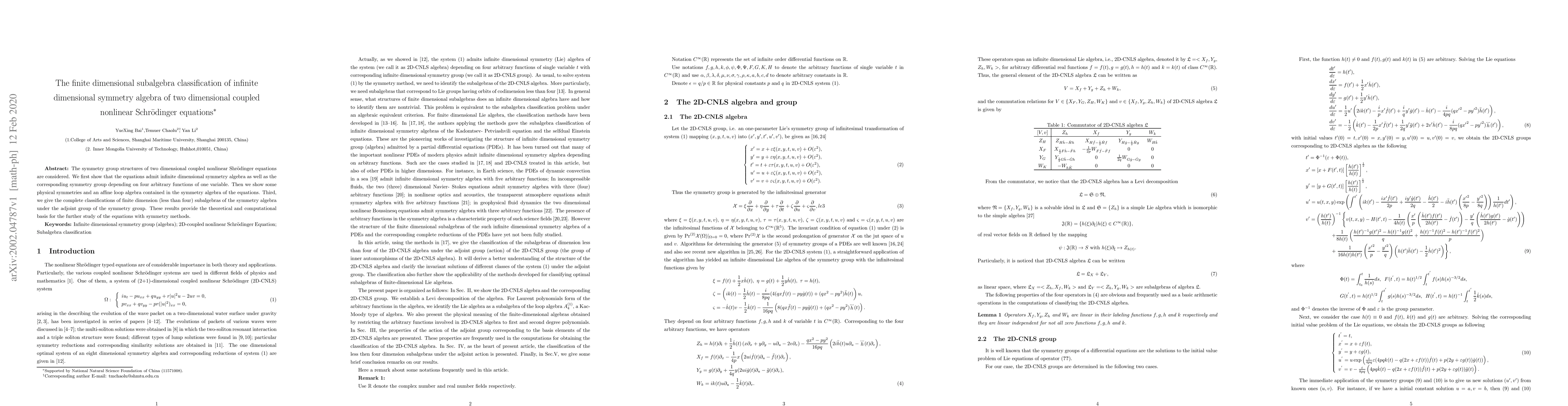Thumbnail for The finite dimensional subalgebra classification of infinite dimensional
  symmetry algebra of two dimensional coupled nonlinear Schr\"{o}dinger
  equations