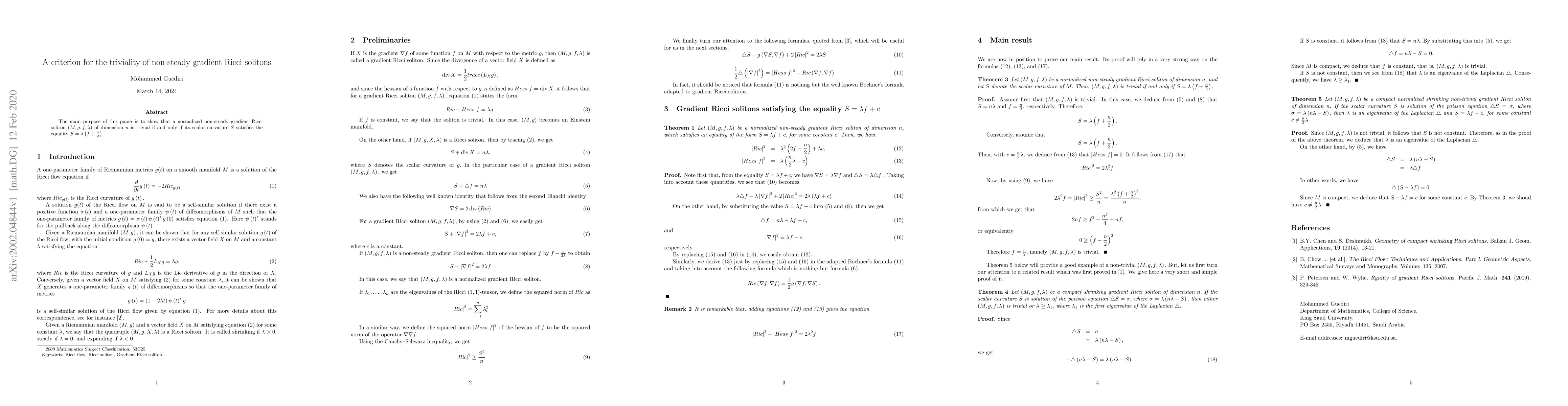 Thumbnail for A criterion for the triviality of non-steady gradient Ricci solitons