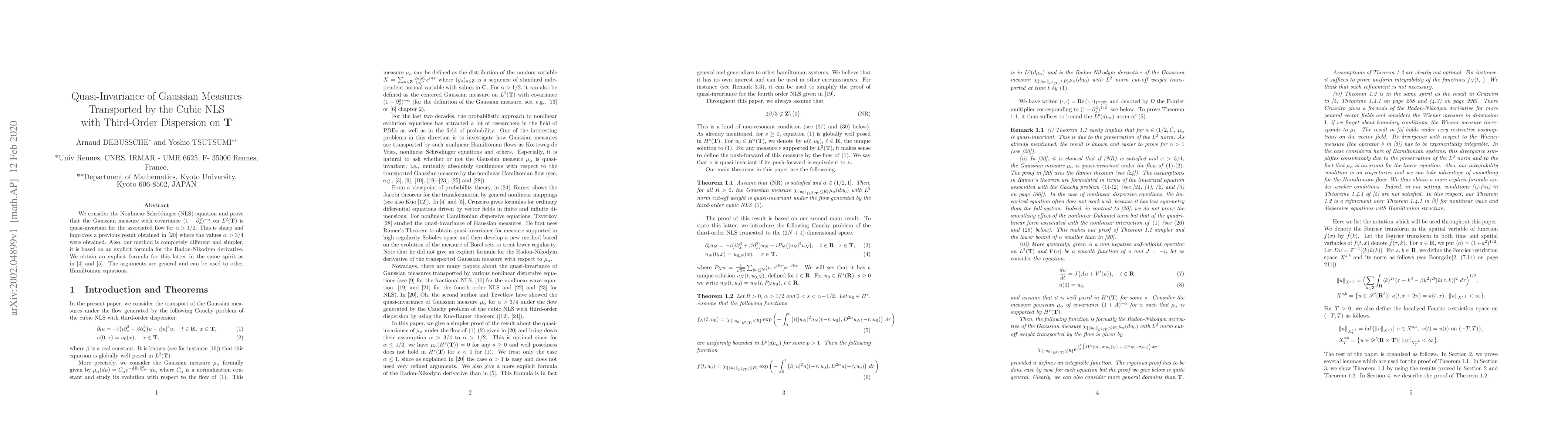 Thumbnail for Quasi-Invariance of Gaussian Measures Transported by the Cubic NLS with
  Third-Order Dispersion on $\mathbf{T}$