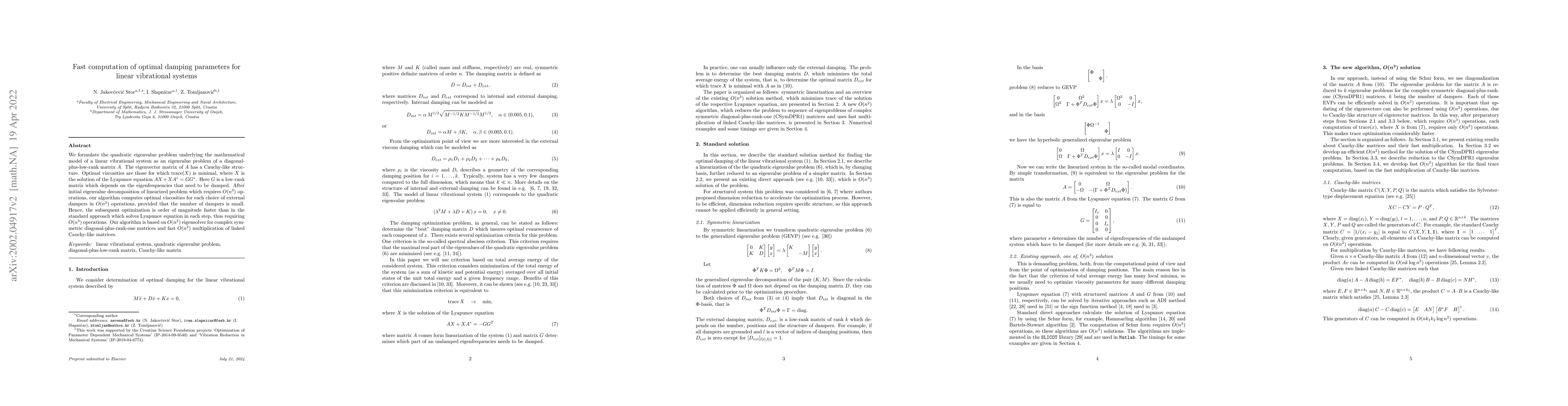 Thumbnail for Fast computation of optimal damping parameters for linear vibrational
  systems