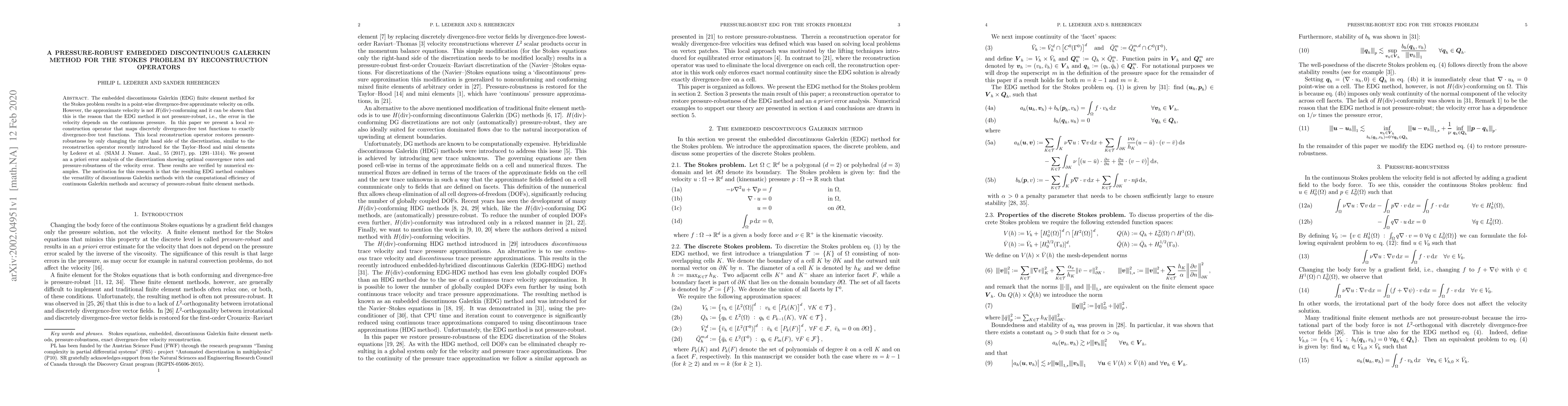 Thumbnail for A pressure-robust embedded discontinuous Galerkin method for the Stokes
  problem by reconstruction operators