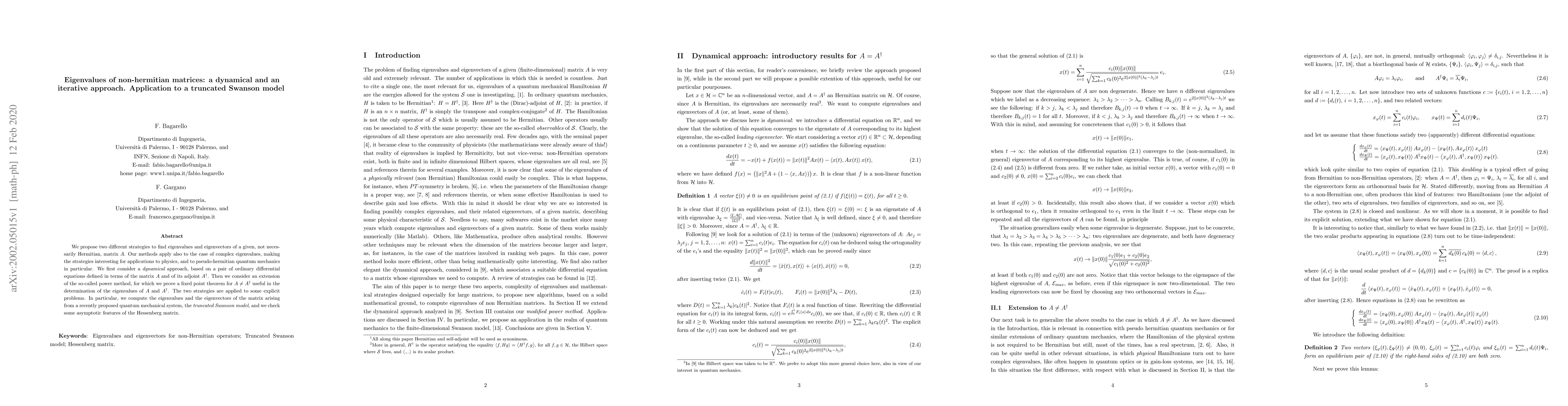 Thumbnail for Eigenvalues of non-hermitian matrices: a dynamical and an iterative
  approach. Application to a truncated Swanson model