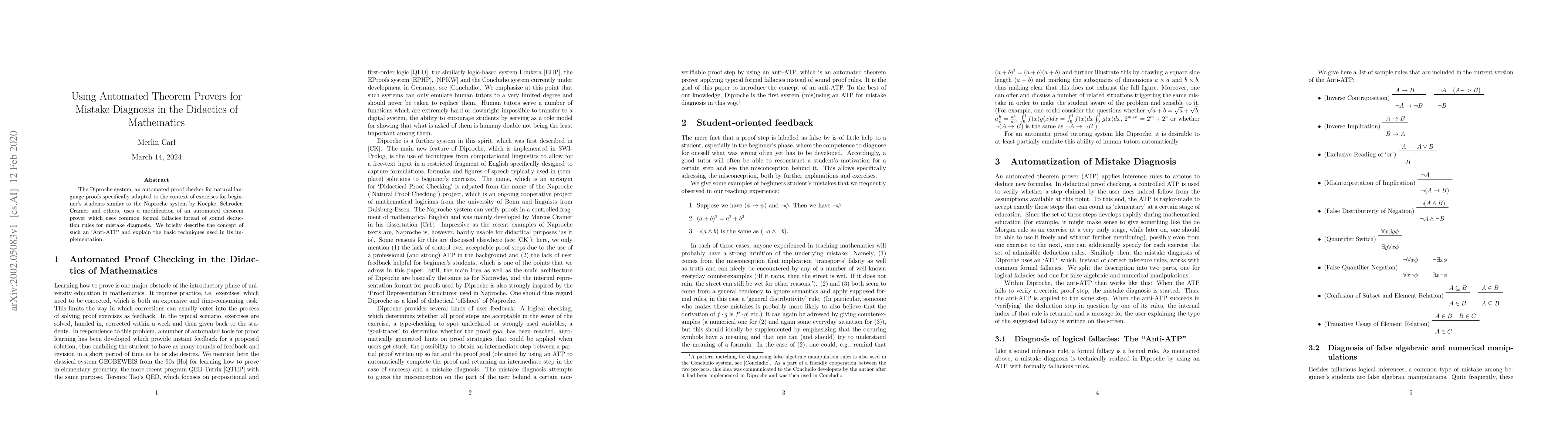 Thumbnail for Using Automated Theorem Provers for Mistake Diagnosis in the Didactics
  of Mathematics
