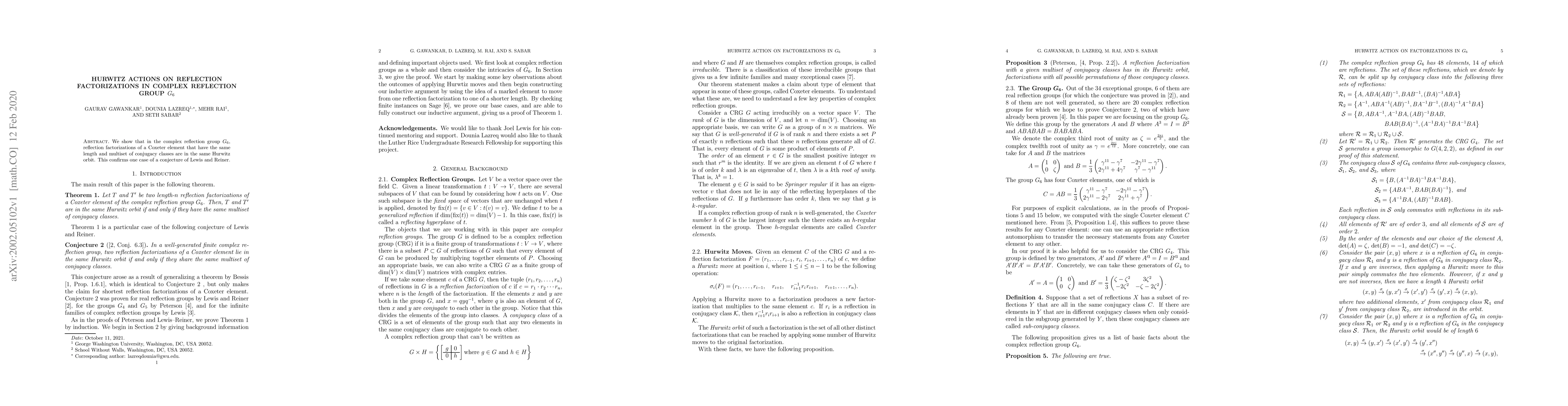 Thumbnail for Hurwitz Actions on Reflection Factorizations in Complex Reflection Group
  $G_6$