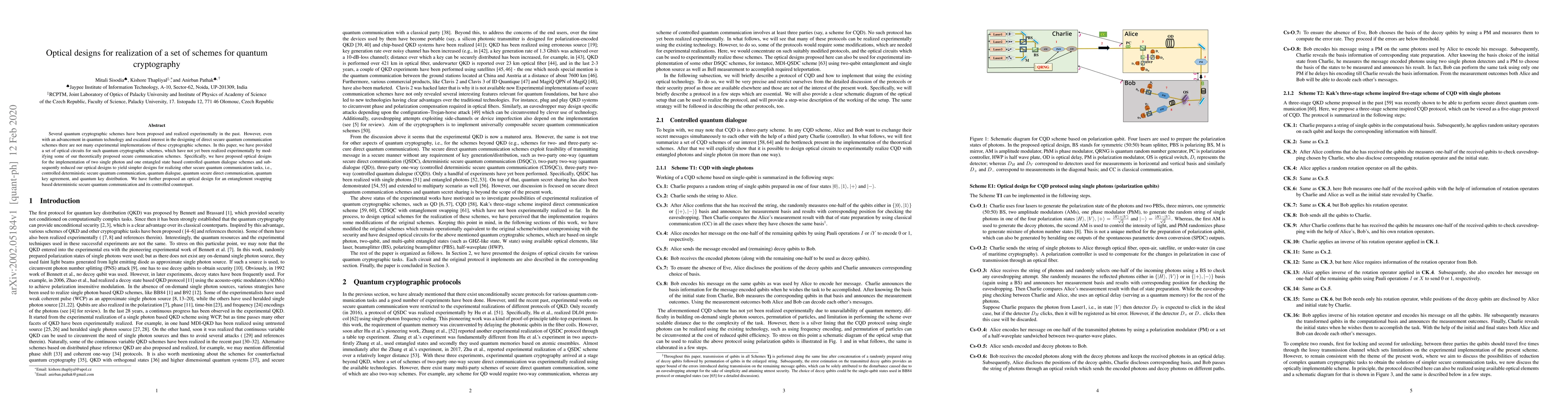 Thumbnail for Optical designs for realization of a set of schemes for quantum
  cryptography