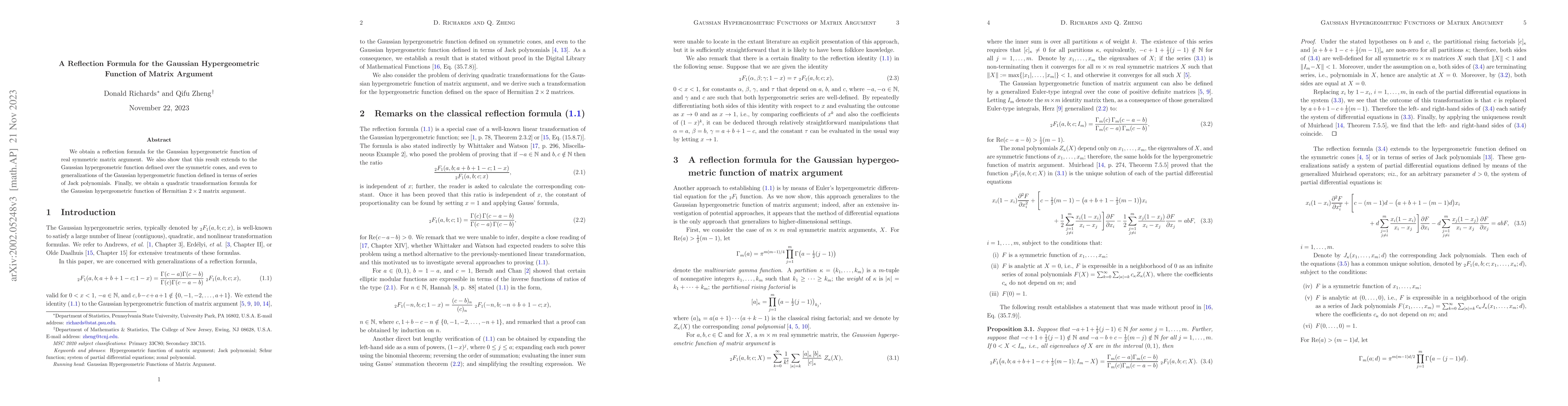 Thumbnail for A Reflection Formula for the Gaussian Hypergeometric Function of Matrix
  Argument