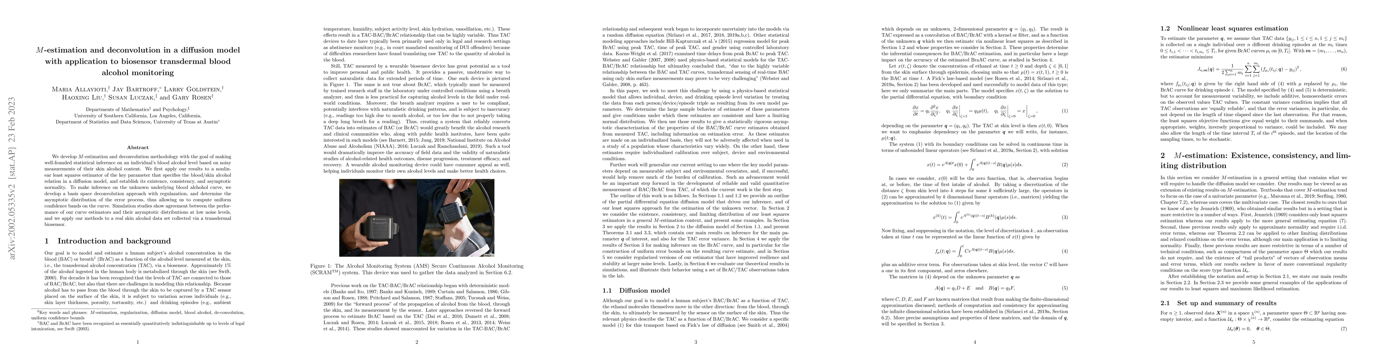 Thumbnail for $M$-estimation and deconvolution in a diffusion model with application
  to biosensor transdermal blood alcohol monitoring