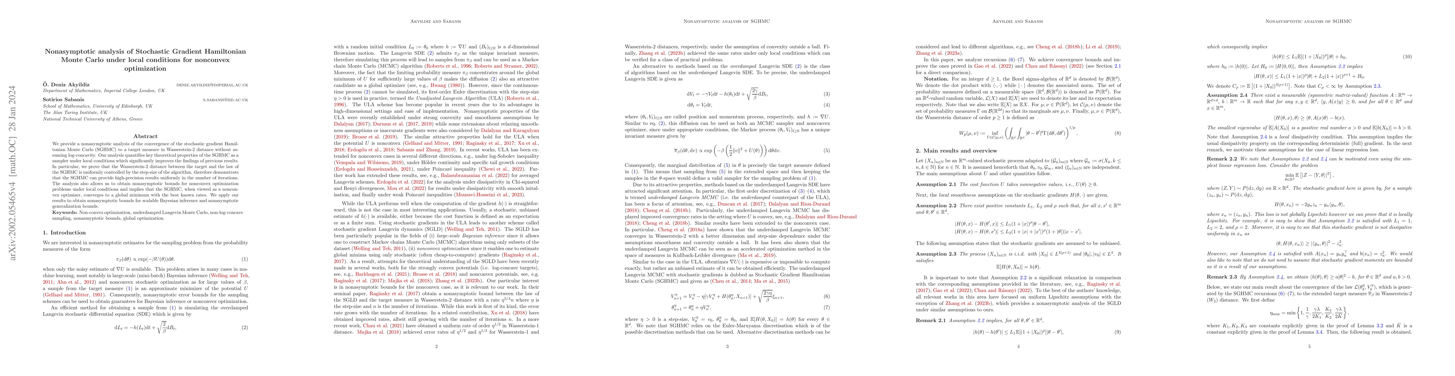 Thumbnail for Nonasymptotic analysis of Stochastic Gradient Hamiltonian Monte Carlo
  under local conditions for nonconvex optimization