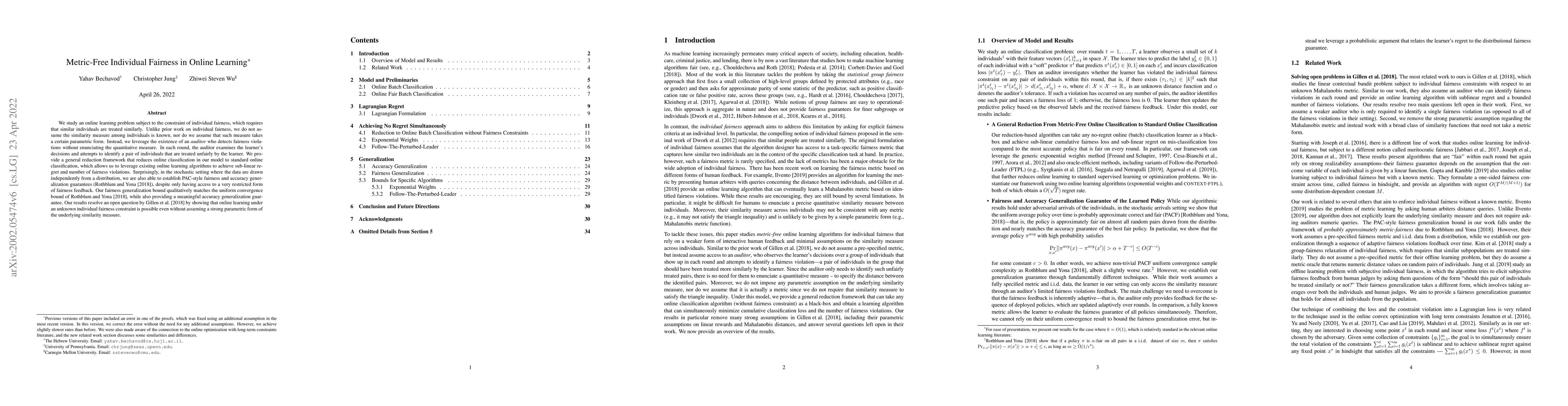 Thumbnail for Metric-Free Individual Fairness in Online Learning