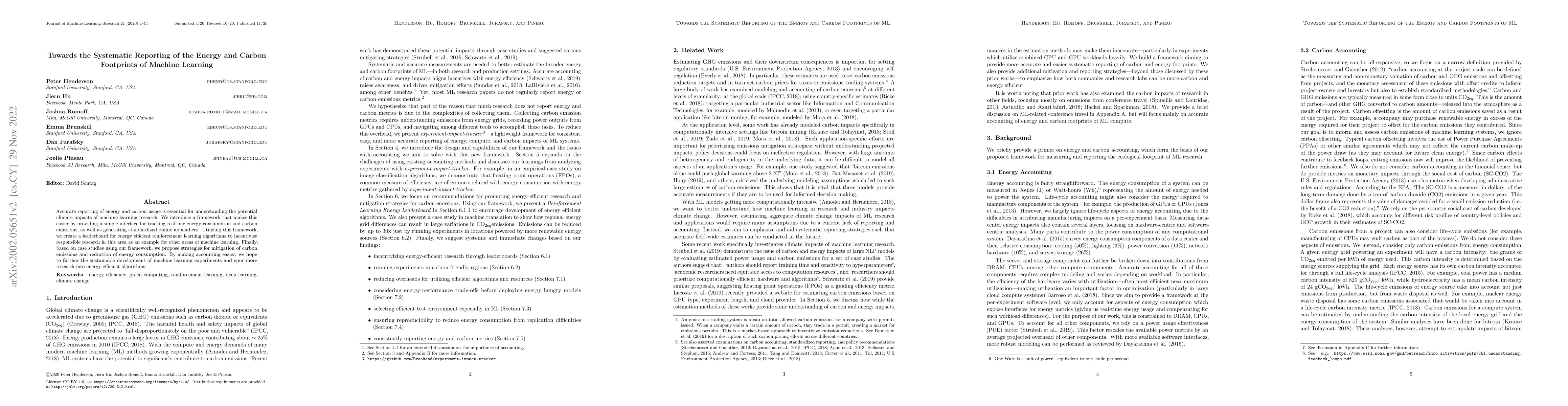 Thumbnail for Towards the Systematic Reporting of the Energy and Carbon Footprints of
  Machine Learning