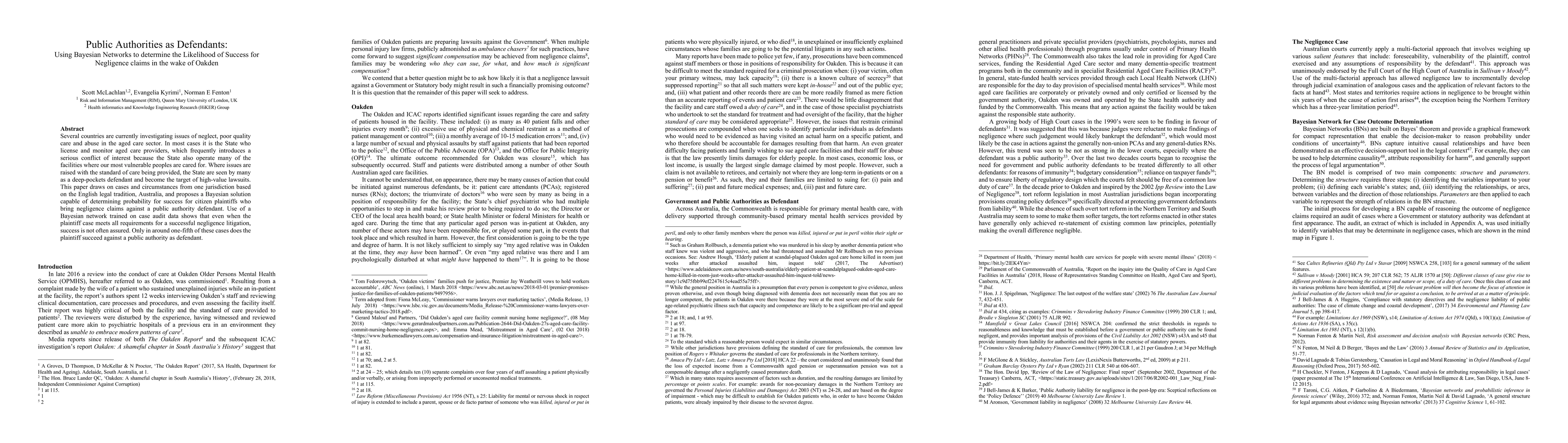 Thumbnail for Public Authorities as Defendants: Using Bayesian Networks to determine
  the Likelihood of Success for Negligence claims in the wake of Oakden
