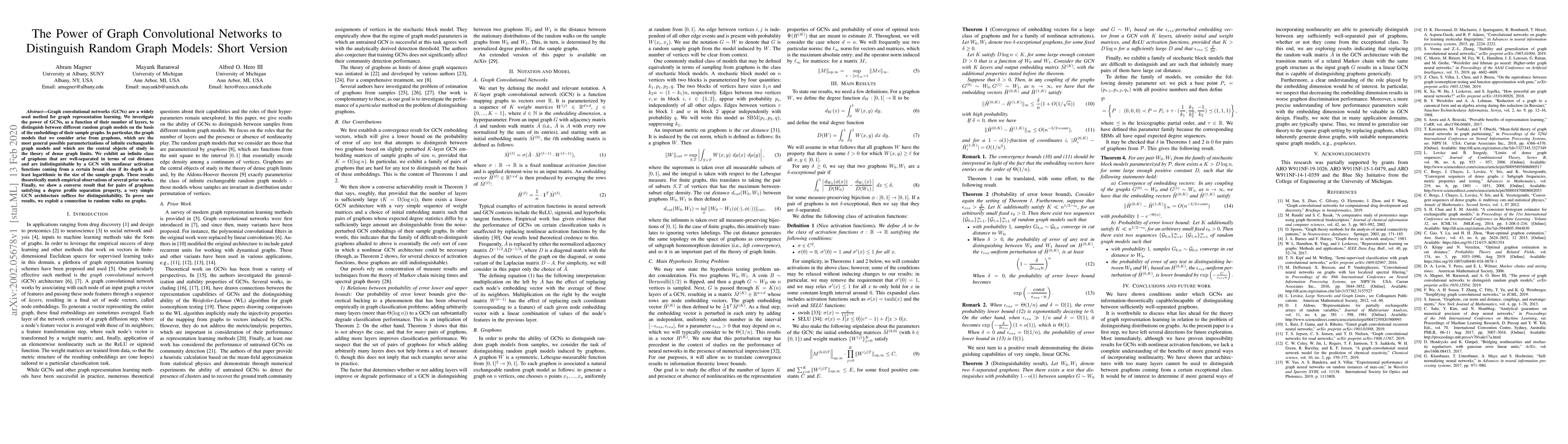 Thumbnail for The Power of Graph Convolutional Networks to Distinguish Random Graph
  Models: Short Version