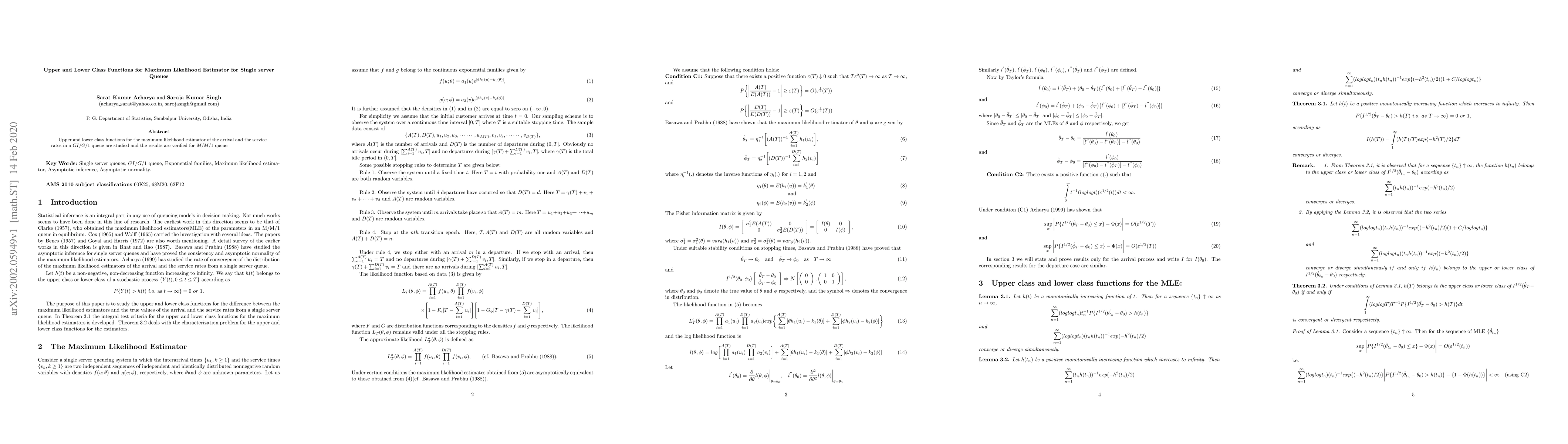 Thumbnail for Upper and Lower Class Functions for Maximum Likelihood Estimator for
  Single server Queues