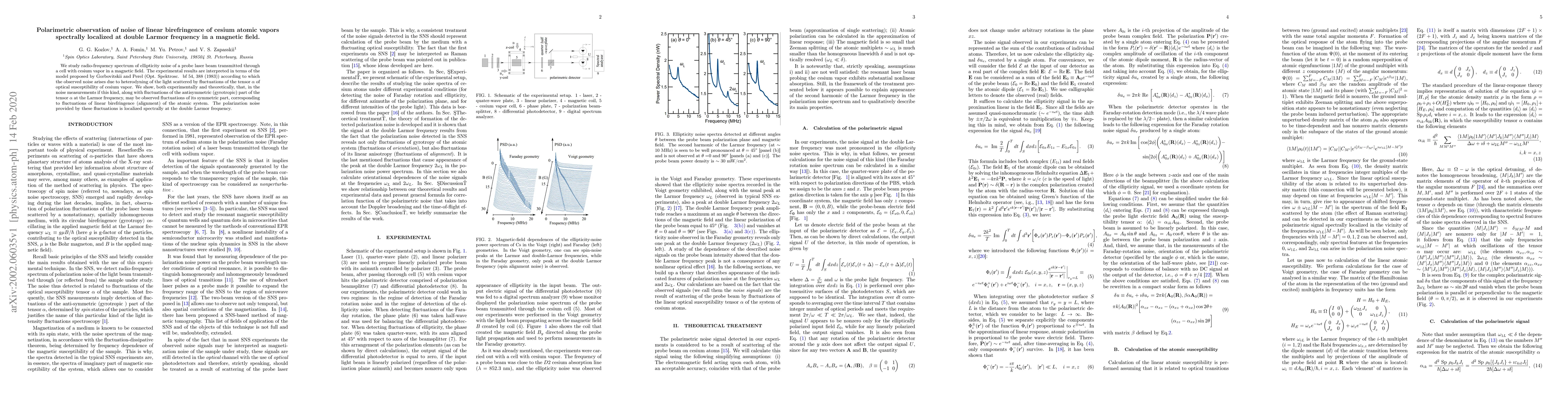Thumbnail for Polarimetric observation of noise of linear birefringence of cesium
  atomic vapors spectrally localized at double Larmor frequency in a magnetic
  field