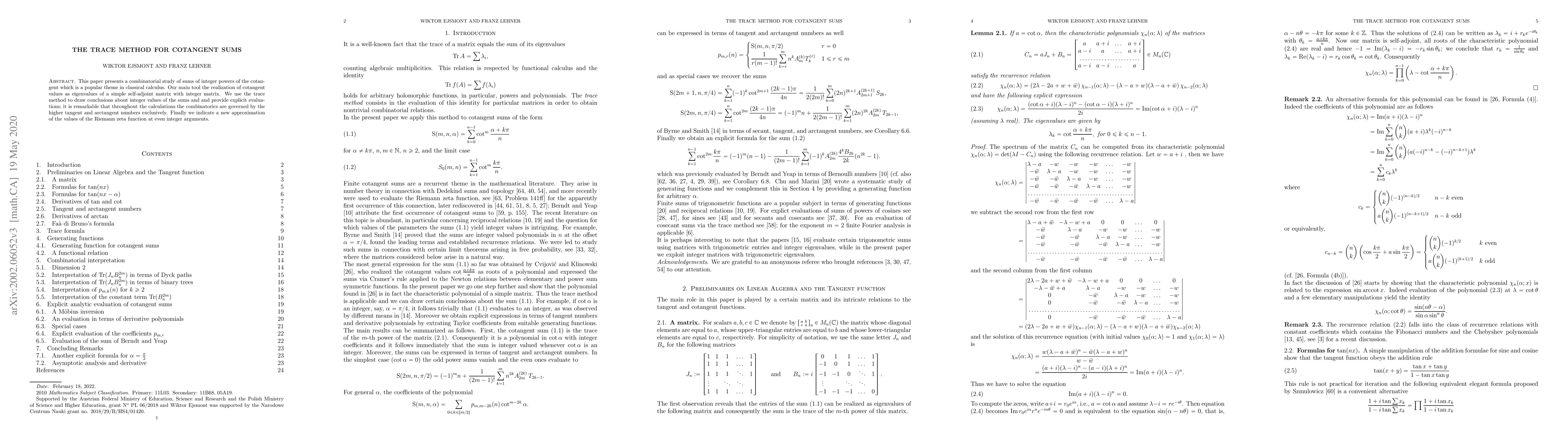 Thumbnail for The Trace Method for Cotangent Sums