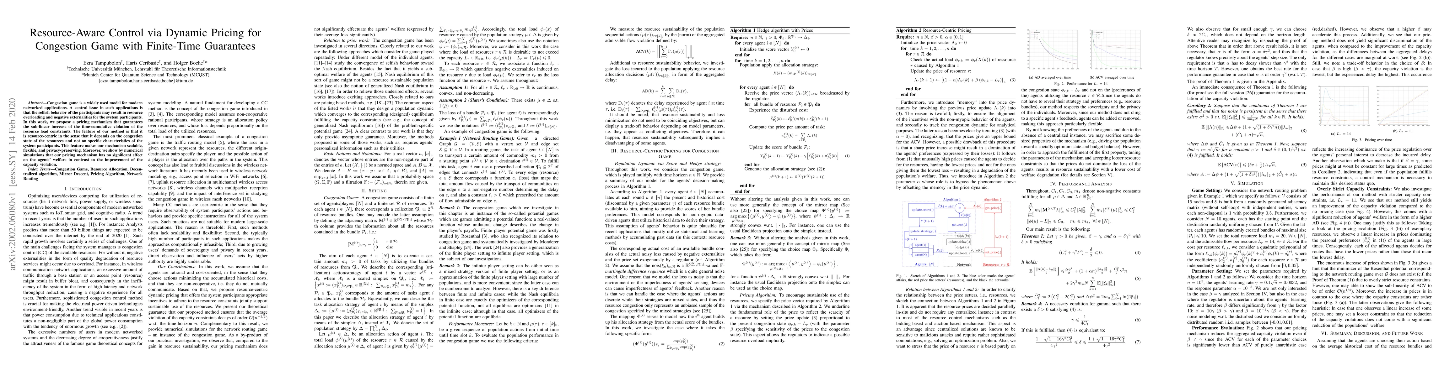 Thumbnail for Resource-Aware Control via Dynamic Pricing for Congestion Game with
  Finite-Time Guarantees