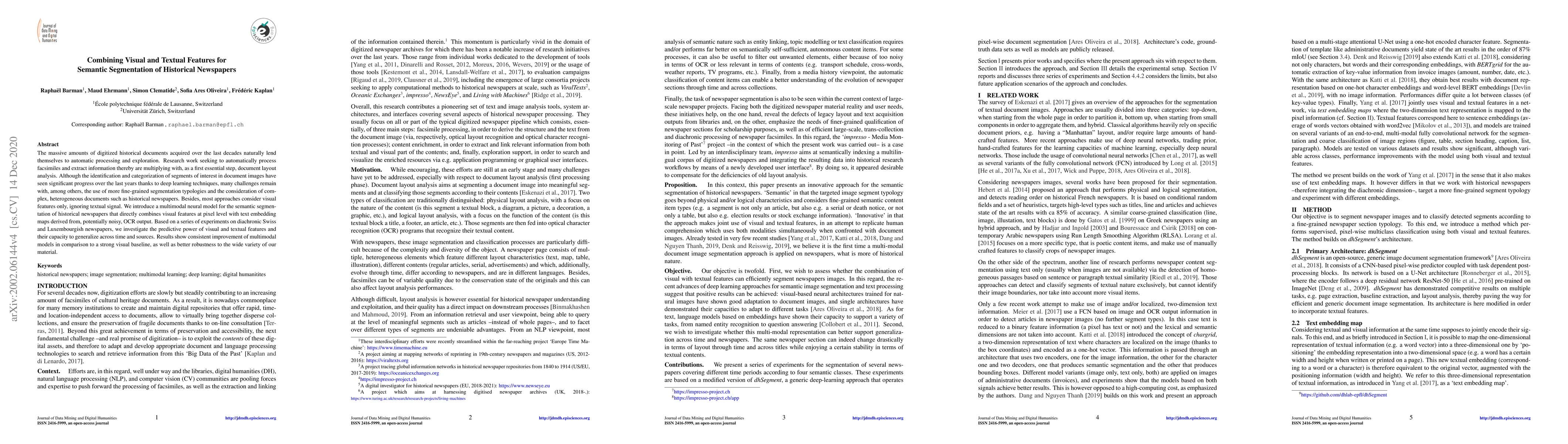 Thumbnail for Combining Visual and Textual Features for Semantic Segmentation of
  Historical Newspapers