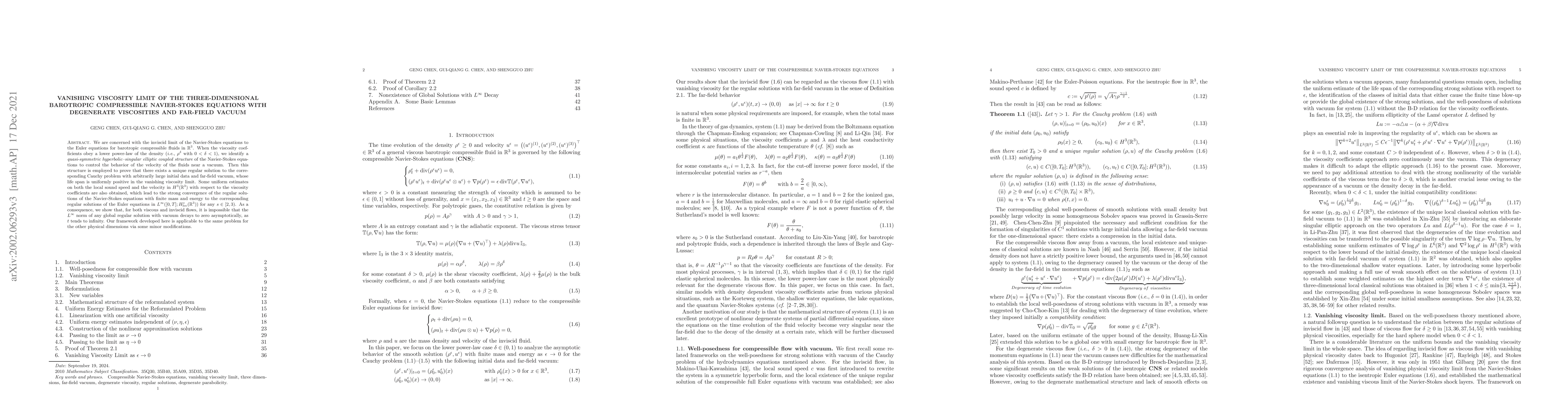 Thumbnail for Vanishing Viscosity Limit of the Three-Dimensional Barotropic
  Compressible Navier-Stokes Equations with Degenerate Viscosities and
  Far-Field Vacuum