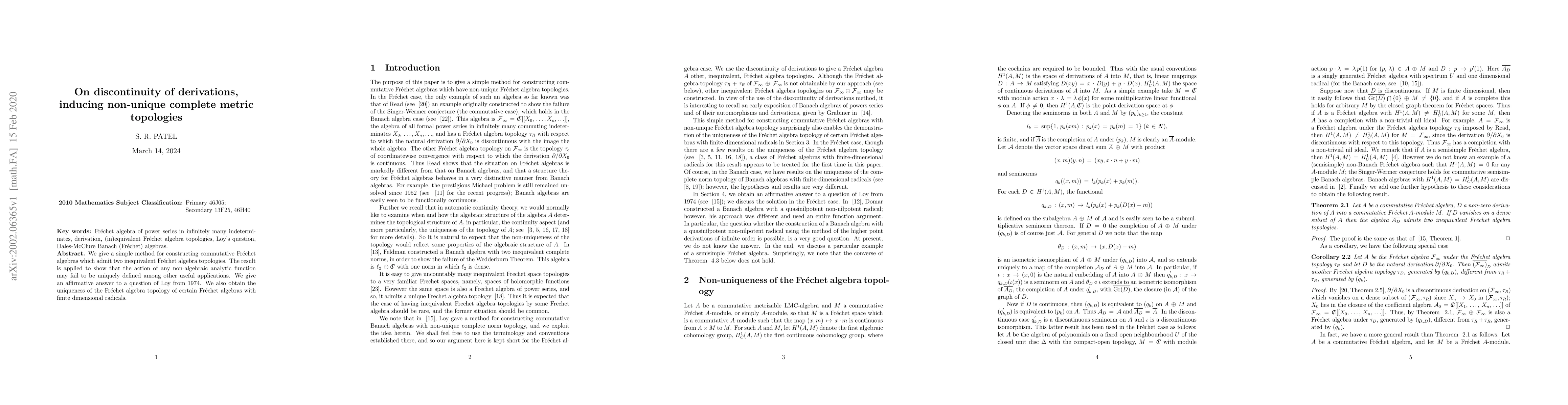 Thumbnail for On discontinuity of derivations, inducing non-unique complete metric
  topologies