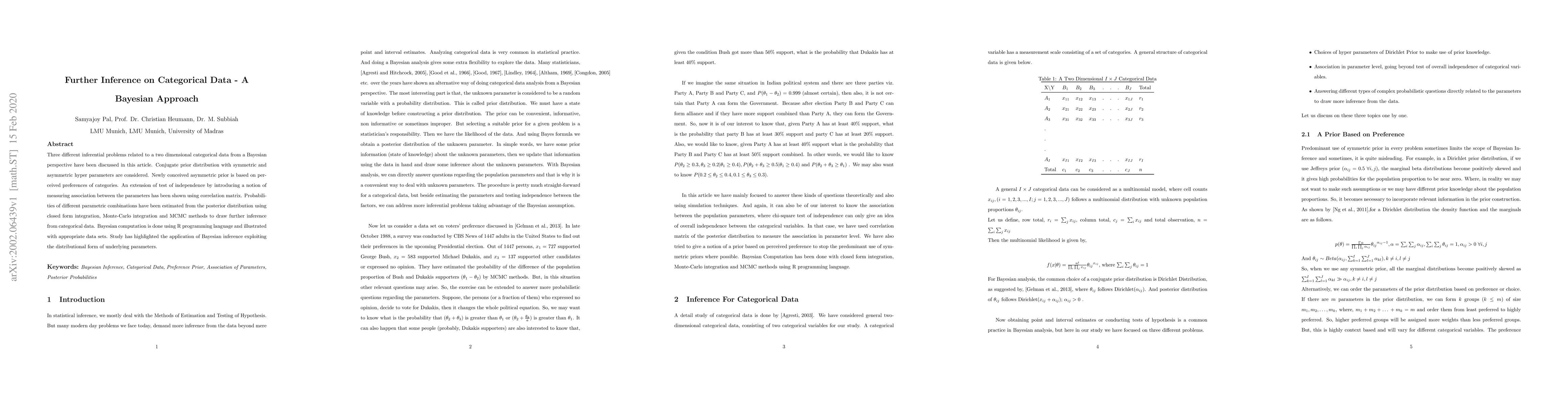 Thumbnail for Further Inference on Categorical Data -- A Bayesian Approach