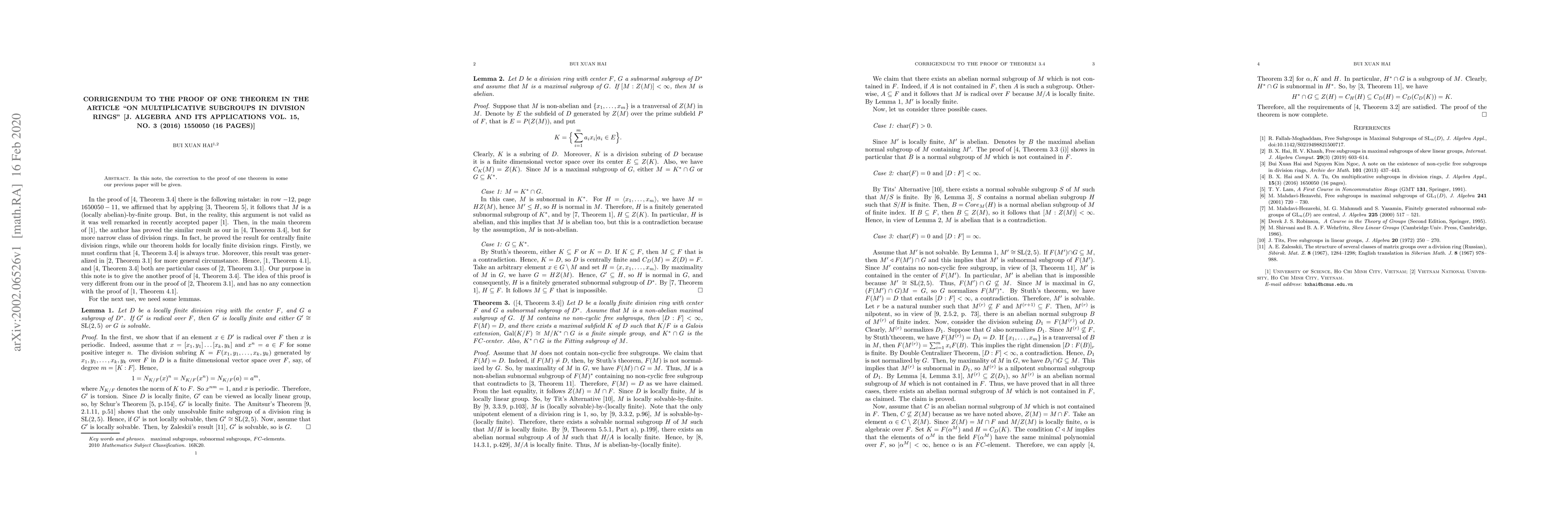 Thumbnail for Corrigendum to the proof of one theorem in the article "On
  multiplicative subgroups in division rings" [arXiv:1302.0589, J. Algebra and
  Its Applications Vol. 15, No. 3 (2016) 1550050 (16 pages)]