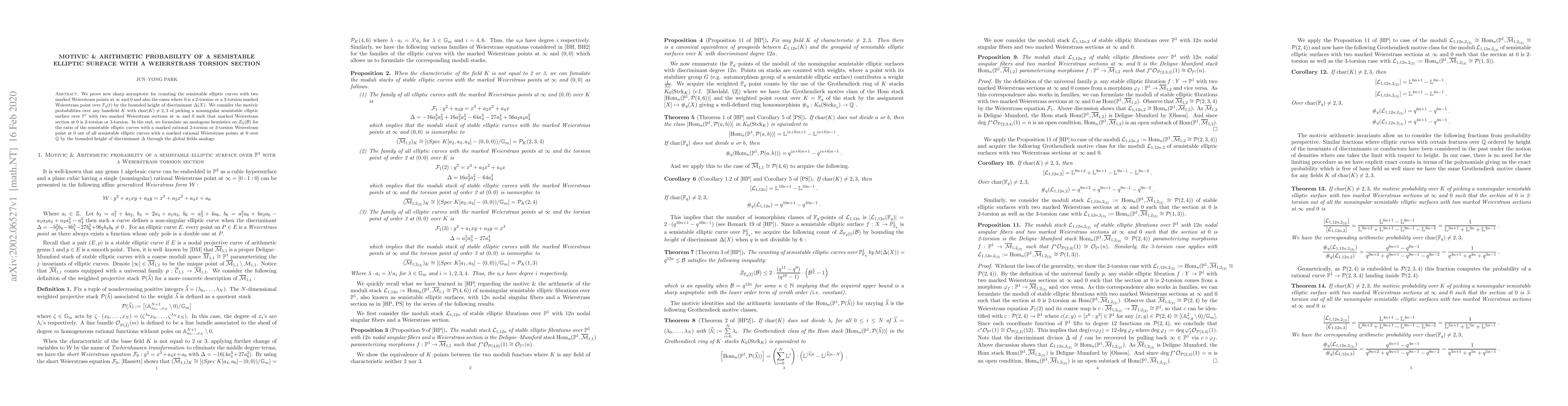 Thumbnail for Motivic & Arithmetic probability of a semistable elliptic surface with a
  Weierstrass torsion section