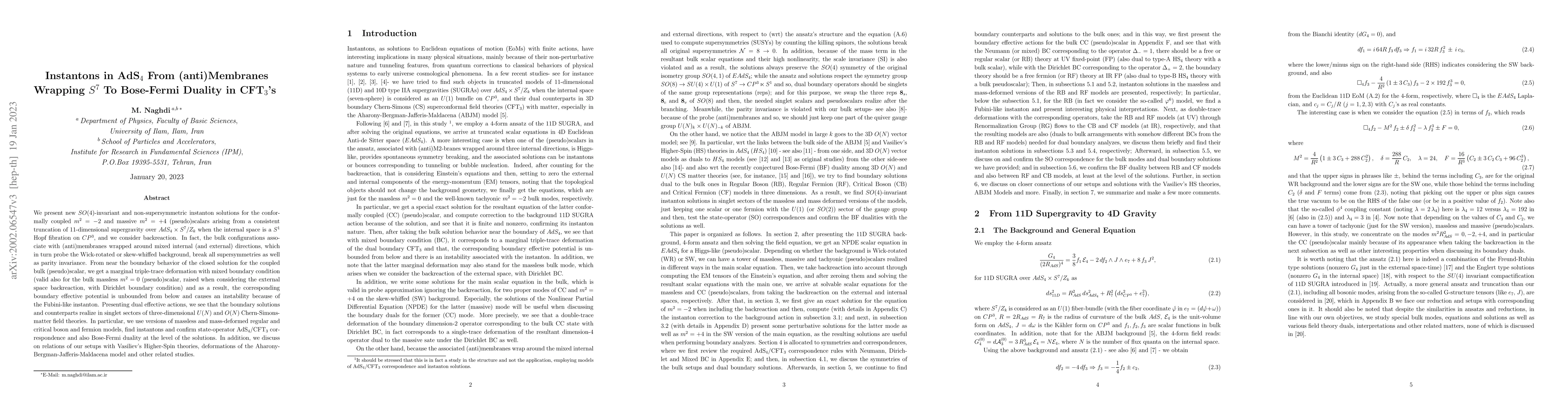 Thumbnail for Instantons in AdS$_4$ From (anti)Membranes Wrapping $S^7$ To Bose-Fermi
  Duality in CFT$_3$'s