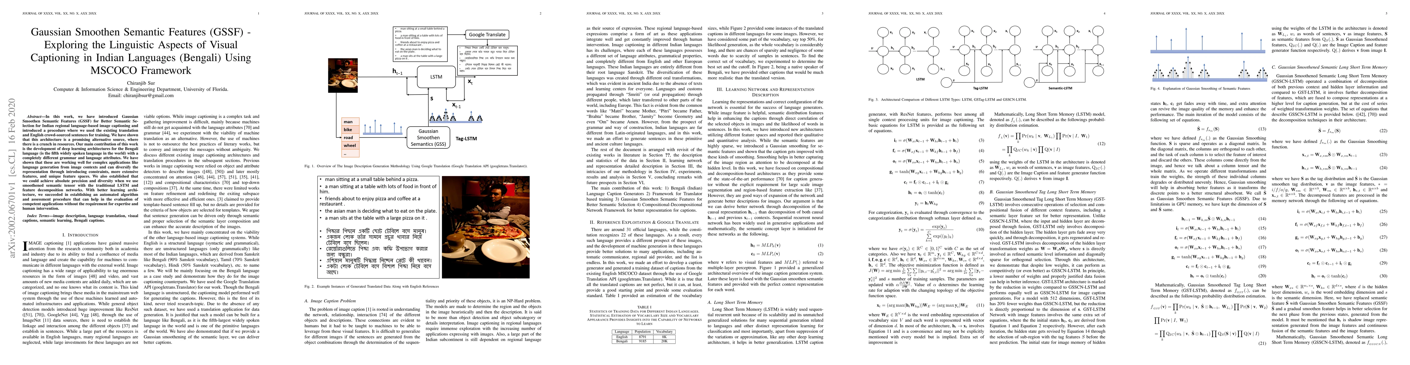 Thumbnail for Gaussian Smoothen Semantic Features (GSSF) -- Exploring the Linguistic
  Aspects of Visual Captioning in Indian Languages (Bengali) Using MSCOCO
  Framework