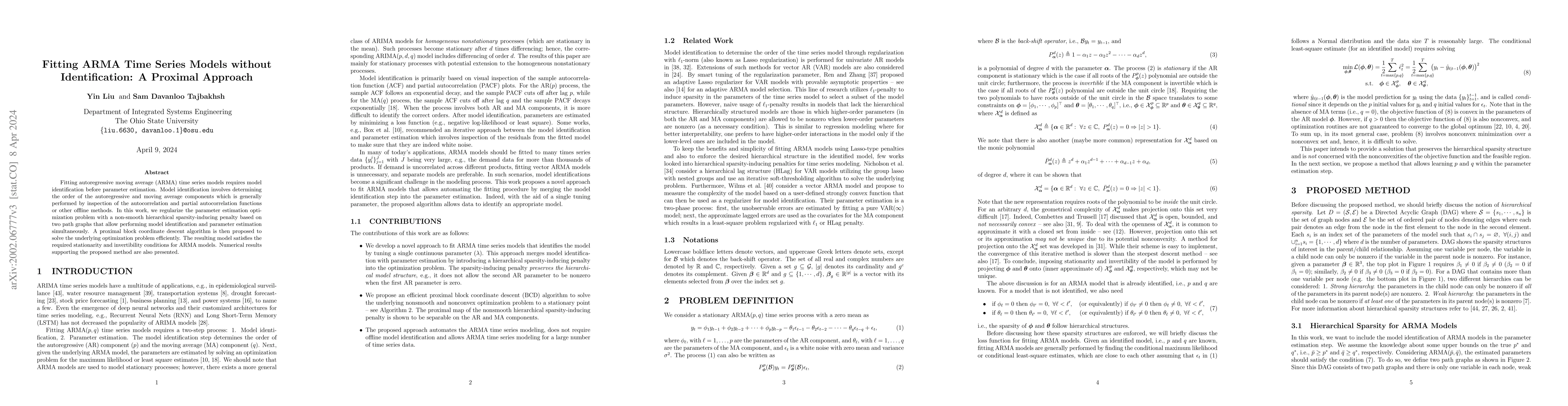 Thumbnail for Fitting ARMA Time Series Models without Identification: A Proximal
  Approach