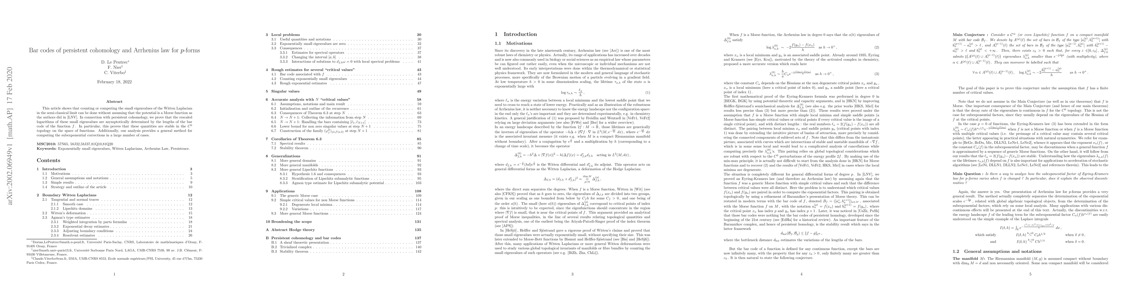Thumbnail for Bar codes of persistent cohomology and Arrhenius law for p-forms