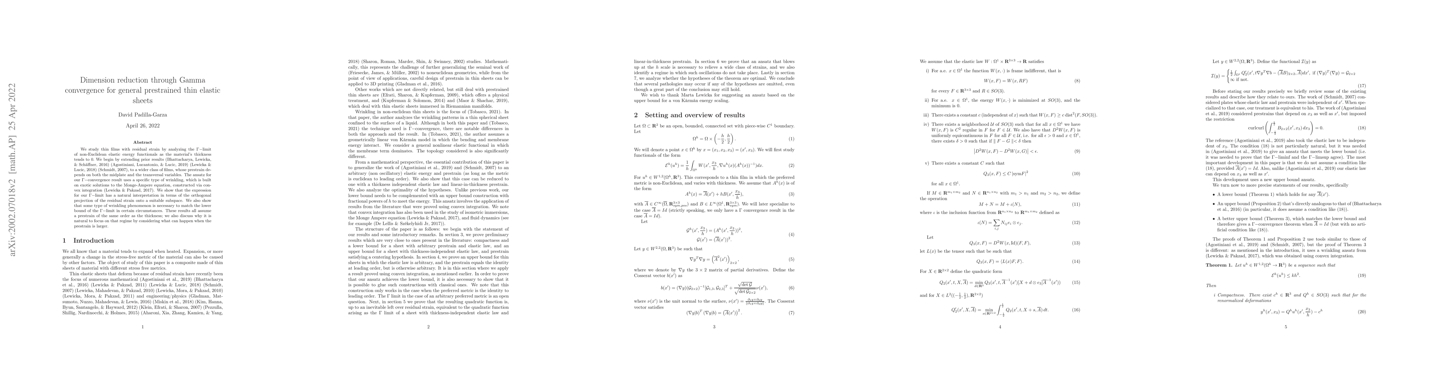 Thumbnail for Dimension reduction through Gamma convergence for general prestrained
  thin elastic sheets