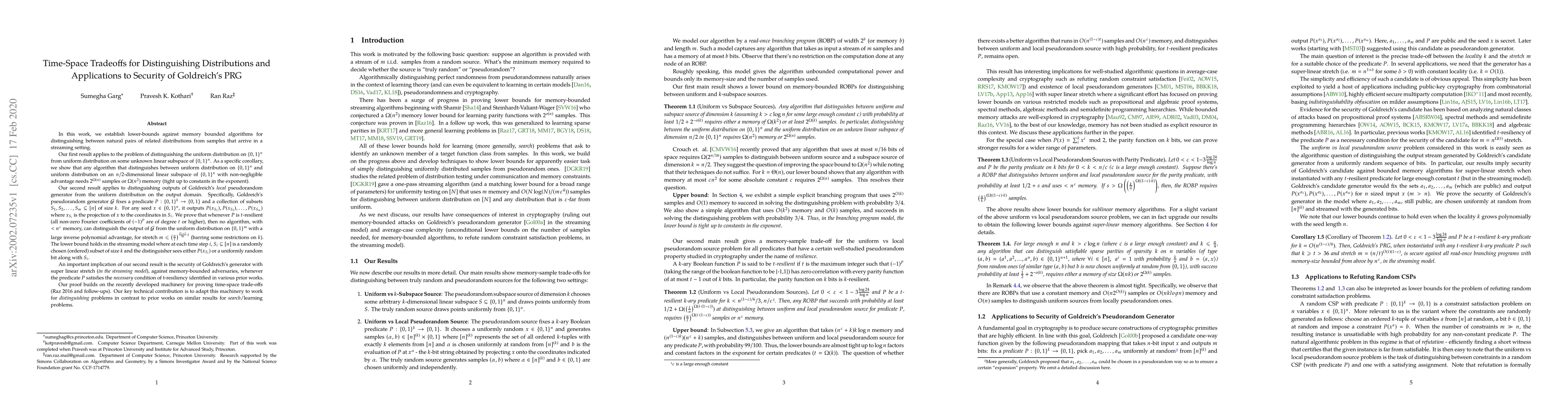 Thumbnail for Time-Space Tradeoffs for Distinguishing Distributions and Applications
  to Security of Goldreich's PRG