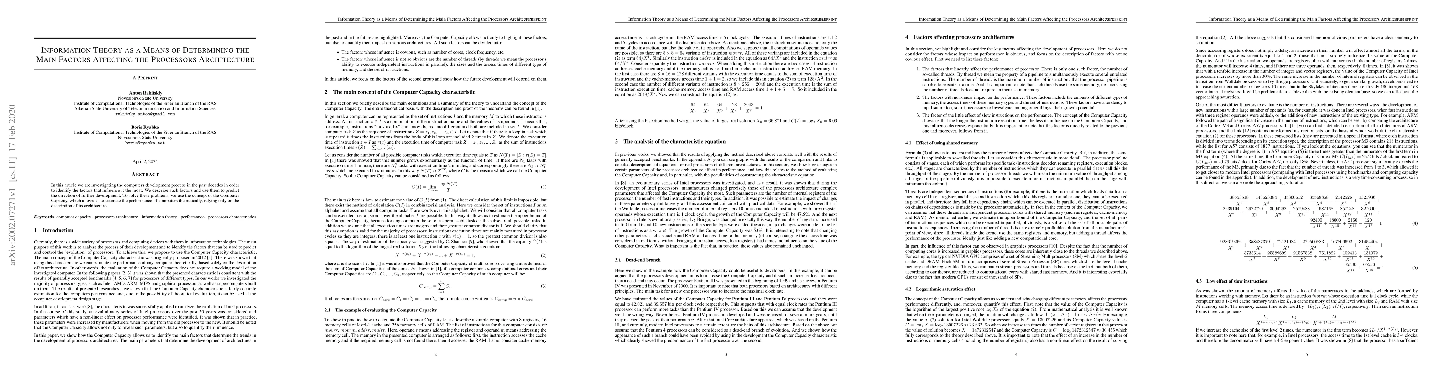 Thumbnail for Information Theory as a Means of Determining the Main Factors Affecting
  the Processors Architecture