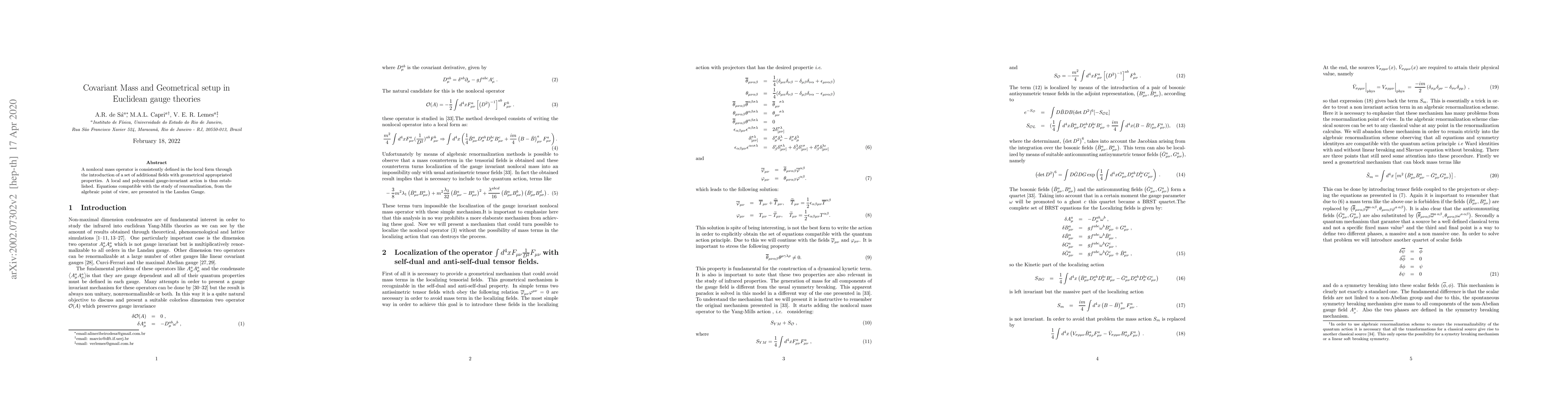 Thumbnail for Covariant Mass and Geometrical setup in Euclidean gauge theories