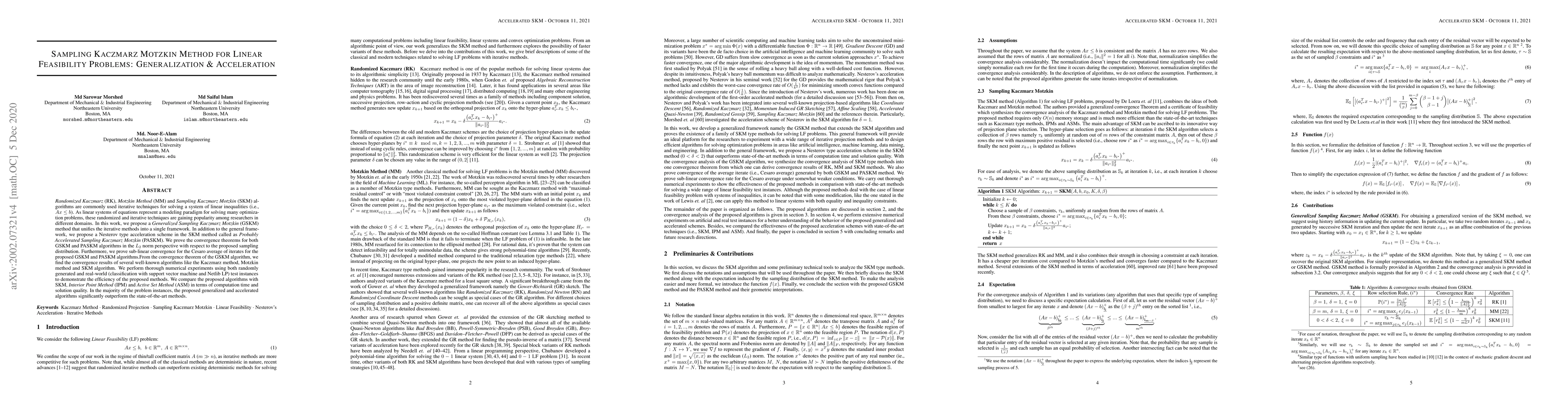 Thumbnail for Sampling Kaczmarz Motzkin Method for Linear Feasibility Problems:
  Generalization & Acceleration