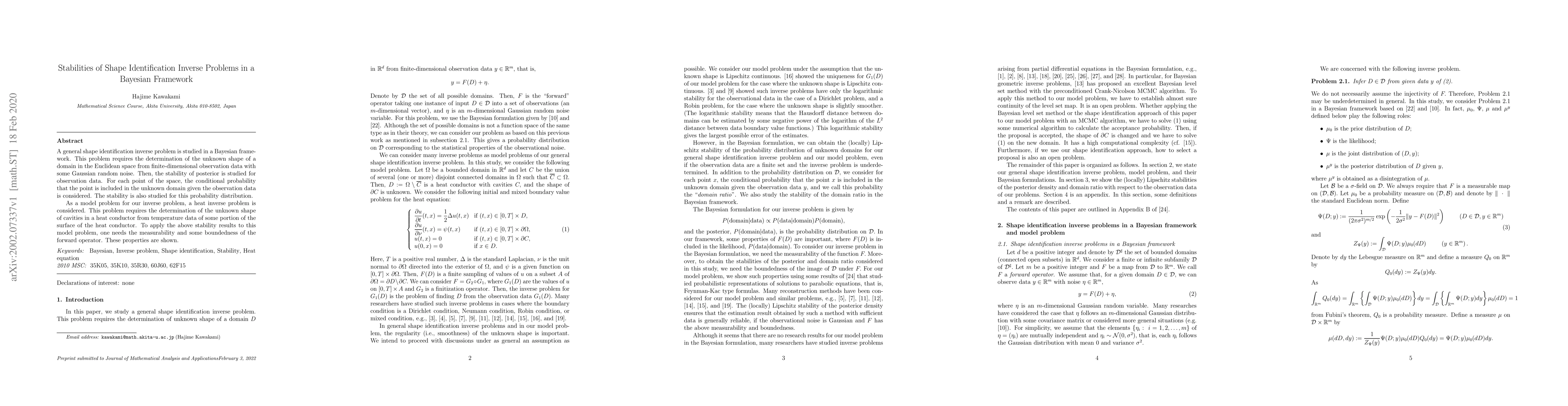 Thumbnail for Stabilities of Shape Identification Inverse Problems in a Bayesian
  Framework