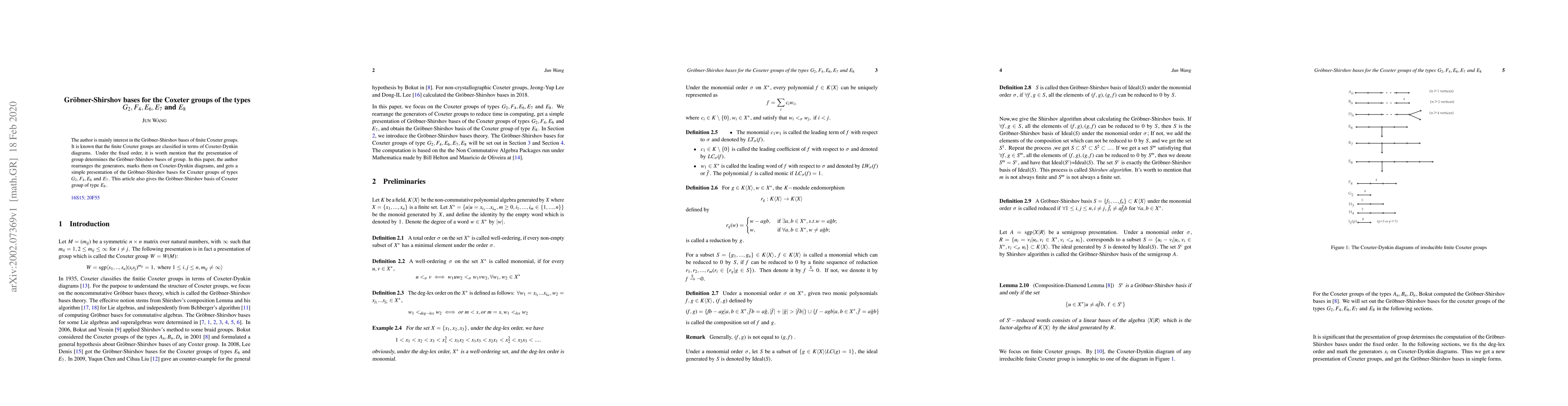 Thumbnail for Gr\"obner-Shirshov bases for the Coxeter groups of the types
  $G_2,F_4,E_6,E_7$ and $E_8$