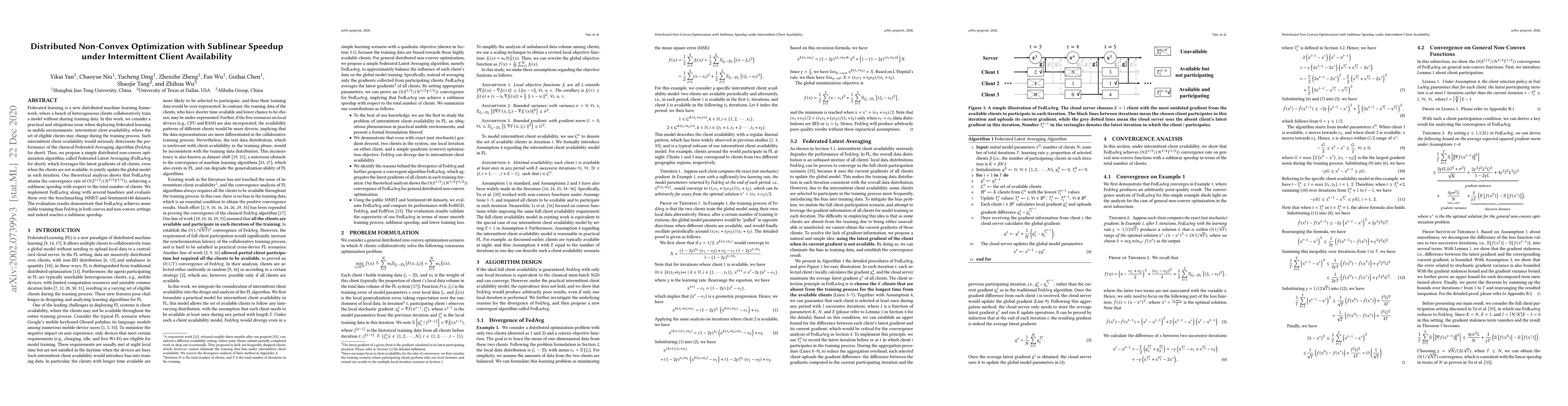 Thumbnail for Distributed Non-Convex Optimization with Sublinear Speedup under
  Intermittent Client Availability