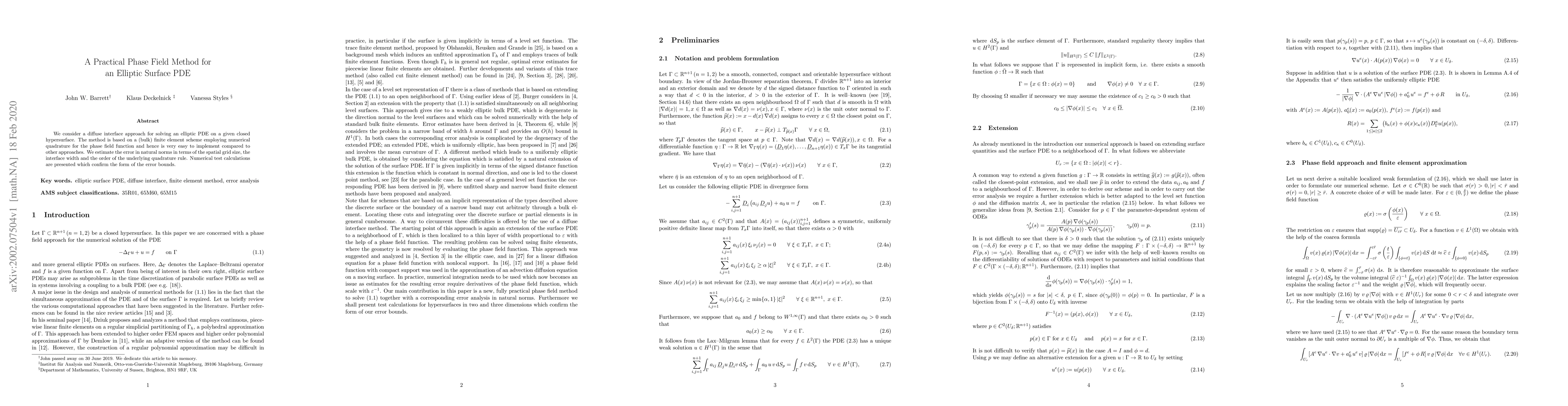 Thumbnail for A Practical Phase Field Method for an Elliptic Surface PDE
